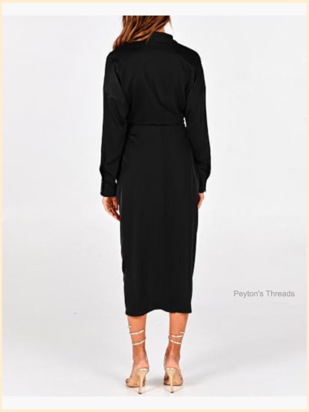 Long Sleeve V Neck Button Down Belted Ruched Satin Maxi Shirt Dress - Picture 6 of 7